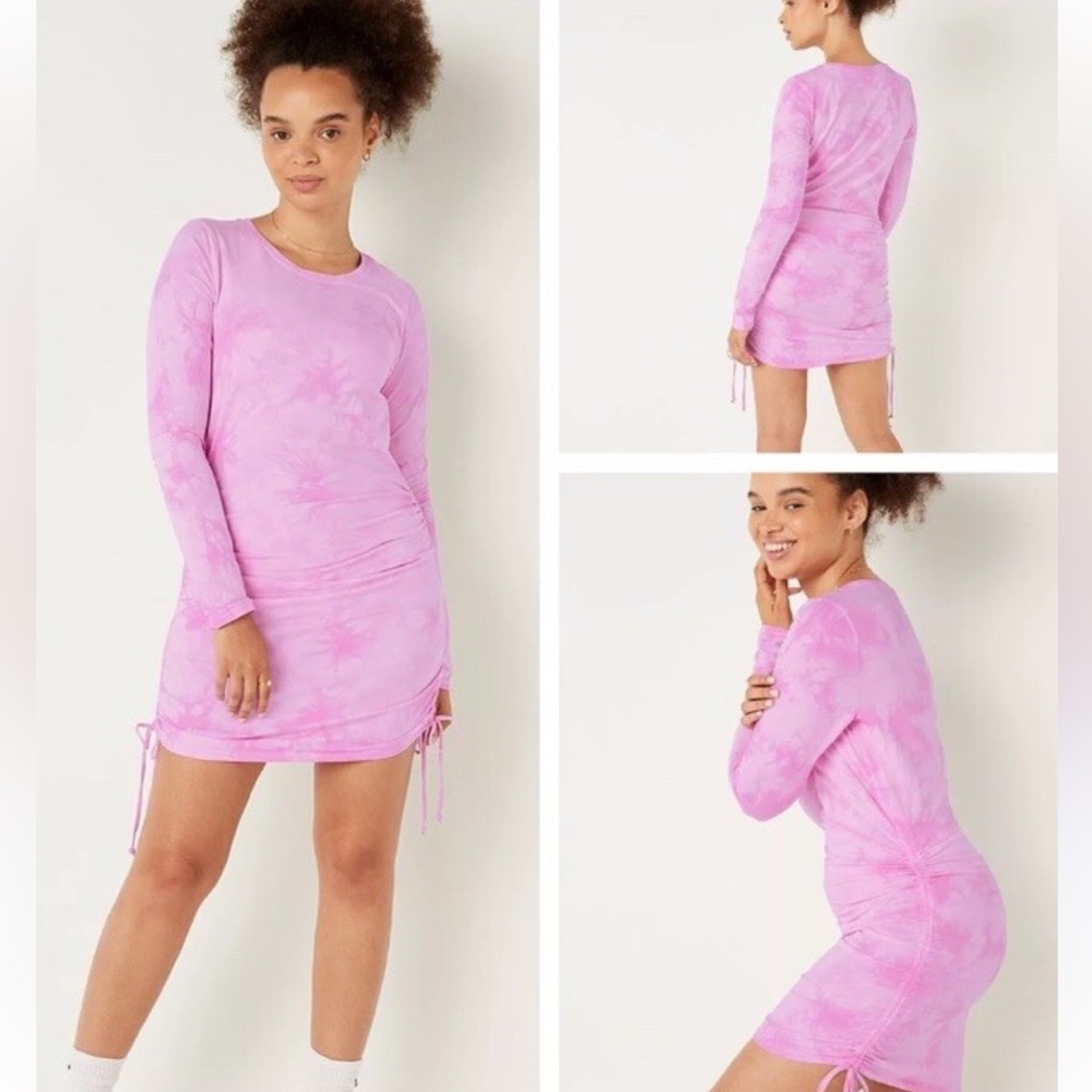 Victoria’s Secret PINK Bodycon Long Sleeve Dress Ruched Side Crew Neck Brown M - Picture 2 of 11